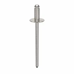 Large flange blind rivet with 0.122" diameter and 1.603" overall length. Features a 5/16" body length and 1 39/64" overall length, flanged head for broad bearing surface. Supplied in 500-piece pack. Suitable for fastening materials where access is limited to one side, common in metal fabrication and general assembly.