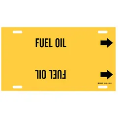 Yellow strap-on pipe marker with black 'Fuel Oil' legend and directional arrows. Fits pipe outer diameters of 10 to 15 inches. Used to identify fuel oil lines in piping systems for clear visual indication of contents.