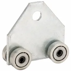Steel trolley with silver electroplated finish. Thread size 9/16 in, overall dimensions 3 1/2 x 3 1/2 in. Used in overhead material handling systems such as conveyors and monorails to suspend and move loads along a track.