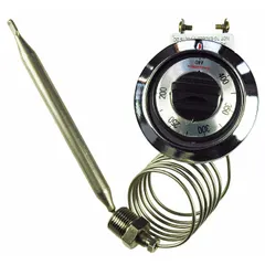 Electric thermostat with a dial range of 200 to 375 and a 36-inch capillary, operating on 5V DC input. Designed for temperature control in cooking equipment such as ovens, fryers, and griddles.
