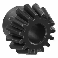 Straight bevel gear with 15 teeth, module m 1, gear ratio 3, and 6 mm bore diameter. Made of black oxide-coated steel. Used for changing power transmission direction, typically at 90 degrees, in industrial machinery such as conveyors, machine tools, and packaging systems