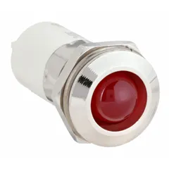 Red LED indicator pilot light with raised head for panel mounting in a 16 mm hole. Features M16 mounting thread and 0.11 Male Quick Disconnect electrical connection. Used on industrial control panels and machinery for visual status indication.