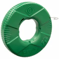 This stainless steel fish tape is 125 ft long with a flat tape shape and formed hook end. The free-spinning interior reel has a 13 in diameter for smooth payout and retrieval. Used for pulling wires and cables through conduit, walls, and ceilings