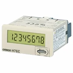 Flush-mount electronic totalizer with a 1 in x 1 7/8 in front panel and LCD display. Counts at 20 counts per second. Complies with VDE 0106/P100. Used for counting events, cycles, or production units in industrial automation and process control.