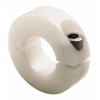Metric round clamp-on shaft collar with 5 mm bore diameter and 9 mm collar width. One-piece plastic construction for non-marring, corrosion-resistant positioning and securing of components on shafts in light-duty automation and conveyor systems