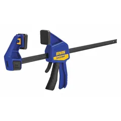 This dual-function tool serves as both a clamp and a spreader, with a max jaw opening of 18 in and a throat depth of 3 1/4 in. The one-handed trigger mechanism allows quick adjustment across a range of 7 7/8 in to 25 3/8 in. Commonly used in woodworking, metalworking, and assembly tasks for holding or spreading workpieces.