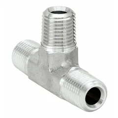 This 316 stainless steel tee (run x run x branch) is rated for 4,000 psi and features 3/4 inch NPT threads on all three ports. It is used in high-pressure threaded piping systems for hydraulic, pneumatic, and process lines.