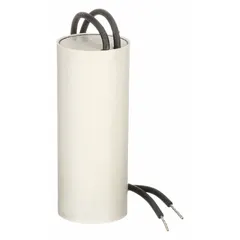 Dry-film capacitor for high-intensity discharge lighting systems. Rated 10 µF, 400V AC, with 1 3/8 in overall diameter. Used for power factor correction and voltage stabilization in HID luminaires.