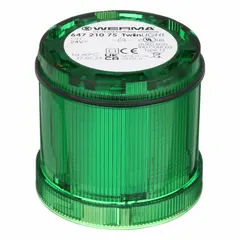 Green flashing light module from the KombiSIGN 72 series for visual status indication on industrial machinery, conveyors, or process lines. Operates on 24V DC with a green lens. Overall diameter 70 mm, height 66 mm. Suitable for signaling normal operation or safe conditions.