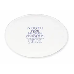 R95-rated particulate filter for use with NORTH 5400, 5500, 7600, 7700, RU6500, and RU8500 series reusable respirators. White color, threaded connection. Sold as a 10-pack. Suitable for protection against oil-based and non-oil-based particulates in industrial environments.