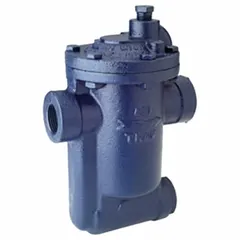 Cast iron inverted-bucket steam trap for horizontal in-line installation. Features 1 1/4 inch FNPT connections, maximum capacity of 4,000 lb/hr, maximum pressure of 125 psi, and maximum temperature of 450°F. Includes a built-in strainer. Used to remove condensate from steam lines in industrial heating and process systems.