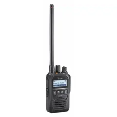 VHF business handheld two-way radio with digital NXDN operation, 5 W output, 512 alphanumeric channels, and 13-hour battery life. Black housing. FCC license required. Suitable for voice communication in commercial, industrial, and outdoor job sites.