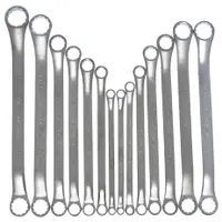 WESTWARD Box End Wrench Set: Alloy Steel, Satin, 14 Tools, 12-Point Box End, 15° Head Offset Angle