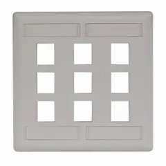 This 2-gang wall plate accommodates up to 9 keystone jack modules in a flat, vertical orientation. Made of plastic in Office White, it is used to mount and organize keystone connectors in structured cabling systems for data, voice, and AV applications.