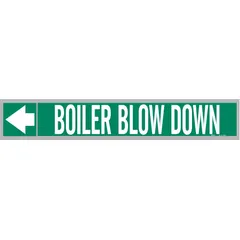 Green adhesive pipe markers with white legend reading 'Boiler Blow Down' and directional arrows. Each marker fits pipe outer diameters of 1-1/2 to 2 inches. Supplied on a roll of 25 markers for convenient application. Used to identify boiler blow-down lines in piping systems.