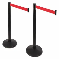 This retractable belt barrier system includes two posts with a 40 1/2 in height and a 10 ft red belt. The round sloped design features a black base with no legend or pattern. Used for managing pedestrian flow, cordoning off restricted areas, and creating temporary queue lines in industrial and public settings.