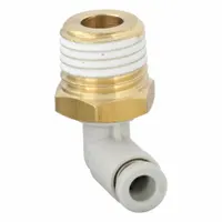 This push-to-connect elbow fitting connects 4 mm OD tubing to a 1/4" BSPT threaded port. The brass body with white finish provides a secure connection in pneumatic or fluid systems. Suitable for use in automation, packaging, and industrial machinery applications