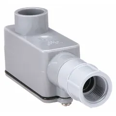 Duct-mounted temperature sensor with plastic conduit-box housing and replaceable sensing probe. Provides averaging measurement over -50°F to 70°F range with ±0.34°F accuracy. Hardwired connection for integration with building automation systems. Suitable for HVAC duct temperature monitoring in commercial and industrial applications.