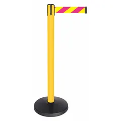 This pattern retractable belt post barrier features a yellow metal alloy post with a 10 ft retractable belt in magenta/yellow chevron pattern (no legend). The base is made of ABS. Used for pedestrian flow management and temporary area cordoning in industrial, warehouse, and public settings.