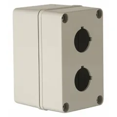 This non-metallic enclosure accommodates two 30mm push button operators. Rated NEMA 4X, it provides washdown and corrosion resistance for industrial environments requiring frequent cleaning or exposure to corrosive substances.