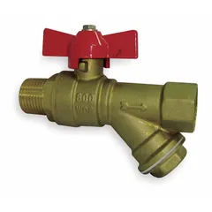 This forged brass tee-style unit combines a ball valve with a stainless steel strainer to control flow and filter debris in plumbing and industrial fluid systems. Commonly used in water, oil, and gas applications where inline filtration and shut-off are needed.
