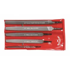 General purpose file set containing 5 pieces including half-round, bastard cut, and smooth cut files, with a 10 in Mill Bastard Cut file. The set is stored in a pouch for portability. Suitable for metalworking, deburring, and shaping tasks.