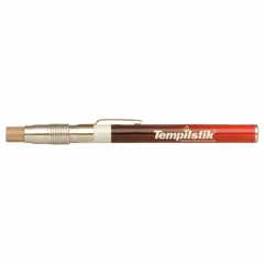 TEMPIL Temperature Indicator Stick (MPN 28006) is a marking tool that melts at a rated temperature of 150°F, providing a visual indication when that surface temperature is reached. Accuracy is ±3% C. The 3 fl oz stick is used for verifying surface temperatures in welding, heat treating, and industrial maintenance applications.