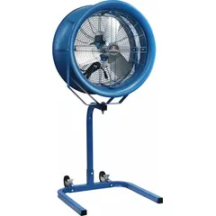 Industrial pedestal fan with 14-inch blade diameter, single-speed non-oscillating operation. Powered by a 1/4 hp motor on 277V AC single-phase. Provides stationary airflow for cooling personnel or equipment in fixed positions in industrial settings.