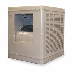 This multiple-inlet ducted evaporative cooler is designed for residential or light-commercial spaces. It operates on 115V AC and includes a drive package that requires assembly. The unit measures 34 1/2 in x 34 1/8 in x 34 1/8 in with a 2 in pad thickness. Evaporative coolers lower air temperature through water evaporation, suitable for dry climates.