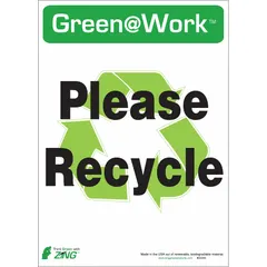 Adhesive signs for indoor use to promote recycling. Each sign is made of plastic with non-retroreflective finish, suitable for mounting on walls or floors. Pack of 5.
