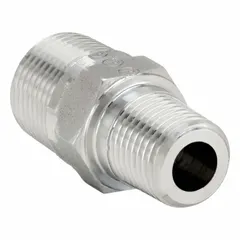 This straight threaded pipe fitting is constructed from 316 stainless steel for corrosion resistance. It has a 1 in x 3/4 in size, a pressure rating of 4500 psi, and a length of 2 5/32 in. Used in high-pressure hydraulic and pneumatic systems for connecting or redirecting fluid lines.