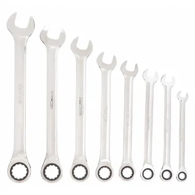 WESTWARD Combination Wrench Set: Alloy Steel, Chrome, 8 Tools - SAE 12-Point Ratcheting Combination Wrench Sets