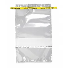 Sterile sampling bag with a write-on panel for labeling. Clear construction, 55 fl oz (1.63 L) capacity, 4 mil thickness. Meets HACCP standards. Used for collecting, storing, and transporting liquid or solid samples in laboratory and field settings.