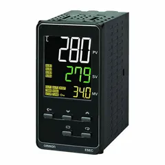 OMRON E5EC-RR4A5M-000 is a 1/8 DIN digital temperature controller with RTD sensor input, relay output, and four relay alarms. It operates on 100 to 240V AC and supports On/Off control mode for linear, RTD, or thermocouple inputs up to 700°C. Typical applications include industrial process heating, such as in plastic molding, packaging, and HVAC systems.