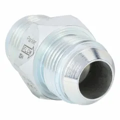 Steel-bodied check valve with JIC 37° flare connections on inlet and outlet. Allows flow in one direction while preventing backflow in hydraulic systems. Suitable for high-pressure applications requiring unidirectional flow control.