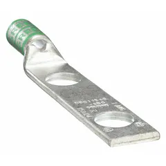 This two-hole compression lug is designed for terminating 1 AWG stranded copper wire. It features a standard copper barrel and includes an inspection hole to verify full wire insertion. Suitable for use in industrial electrical panels, switchgear, and heavy machinery for secure power distribution and motor control connections.