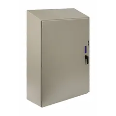 This steel enclosure measures 24 x 22 x 8 inches and features a solid hinged cover. Rated NEMA 12/13/3R/4, it provides protection against dust, falling dirt, rain, sleet, and hose-directed water. Suitable for indoor or outdoor use in industrial environments where washdown is required. Knockouts are not included.