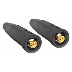 Male welding cable connector with double ball-point design for joining 3/0 AWG to 4/0 AWG cables. Provides a secure, quick-connect interface in heavy-duty industrial welding applications, ensuring reliable current transfer and reducing downtime during electrode or cable changes.