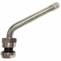 Clamp-in L-shape tire valve stem with grommet seal for tubeless truck tires. Features a 60° valve stem angle and 0.305-32 thread size. Constructed of brass metal with a brass finish. Compatible with standard bore truck wheel applications for inflation, pressure monitoring, and deflation
