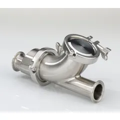 Y-style ball check valve in 316L stainless steel with 3-inch clamp connections. Meets 3A Sanitary Standards and FDA requirements for fluid systems. Designed for vertical mounting with silent check operation and 32 micron-in surface finish. Prevents backflow in sanitary processing lines.