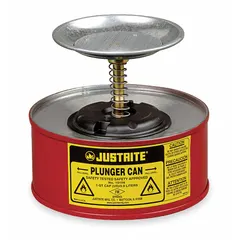 This JUSTRITE plunger can is constructed from powder coated steel in red, with a 1/4 gallon capacity. It is designed for controlled dispensing of flammable liquids in industrial settings, such as cleaning or solvent applications.