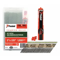 Collated framing nails, 3 inches long, made of galvanized steel with an offset round head, ring shank, and diamond point. Supplied in a 1,000-count pack. Used for heavy-duty fastening in framing, sheathing, and roofing applications.