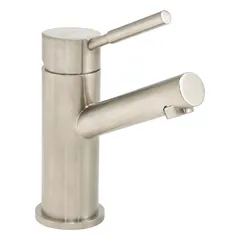 Single-post handle bathroom faucet from the Neo series. Constructed of brass with a brushed nickel finish. Flow rate of 1.2 gpm. Includes stainless steel inlet supply lines. Suitable for residential or commercial bathroom sink installations.