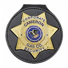 This black leather badge holder measures 3-5/8 inches and is designed for displaying ID badges, access cards, or credentials. Suitable for industrial and commercial environments where quick badge access is needed.