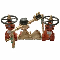 Reduced-pressure zone backflow detector with 2 in FNPT connections, bronze body, and OSY gate valve shut-off. Designed for water media to prevent backflow in commercial water systems, including fire sprinkler lines and high-hazard cross-connections.