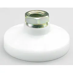 Swivel female leveling mount with a 3 in acetal homopolymer base, yellow zinc-plated finish, and 3/4"-10 thread size. Supports 1,800 lb load capacity. Includes mounting holes. Used for leveling and stabilizing machinery, conveyors, and workstations.
