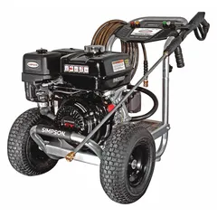 Gas-powered cold water pressure washer mounted on a cart for mobility. Delivers 3,500 psi at 4 gpm with 8 3/8 hp from a Honda gasoline engine. Suitable for cleaning concrete, equipment, and industrial surfaces, as well as removing grime, mold, and paint.