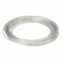 Metric polyurethane tubing with 4 mm inner diameter and 6 mm outer diameter, 100 ft length, beige color. Shore A 90 to 95 hardness. Maximum operating pressure 170 psi at 180°F. Suitable for pneumatic and fluid transfer applications requiring flexibility and abrasion resistance.