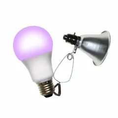 This clamp-on fixture kit includes a blue-spectrum LED bulb for vegetative plant growth. It operates on 120V AC, has a maximum mounting height of 2 ft, and is rated at 660 W. The unit is non-linkable and suitable for indoor gardening, seed starting, and propagation applications.