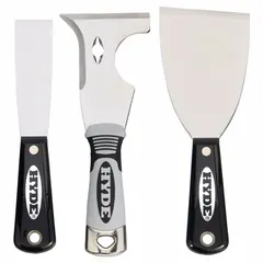 This 3-piece set includes painter's multi tools, spreaders, and scrapers with blades made of carbon steel and stainless steel. Designed for painting, scraping, and spreading tasks such as putty application, paint scraping, and surface preparation.